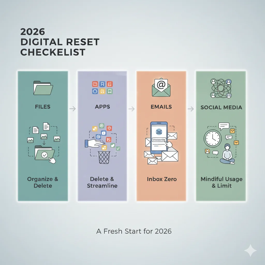 minimalist digital declutter infographic showing apps, emails, and files organized for a 2026 reset