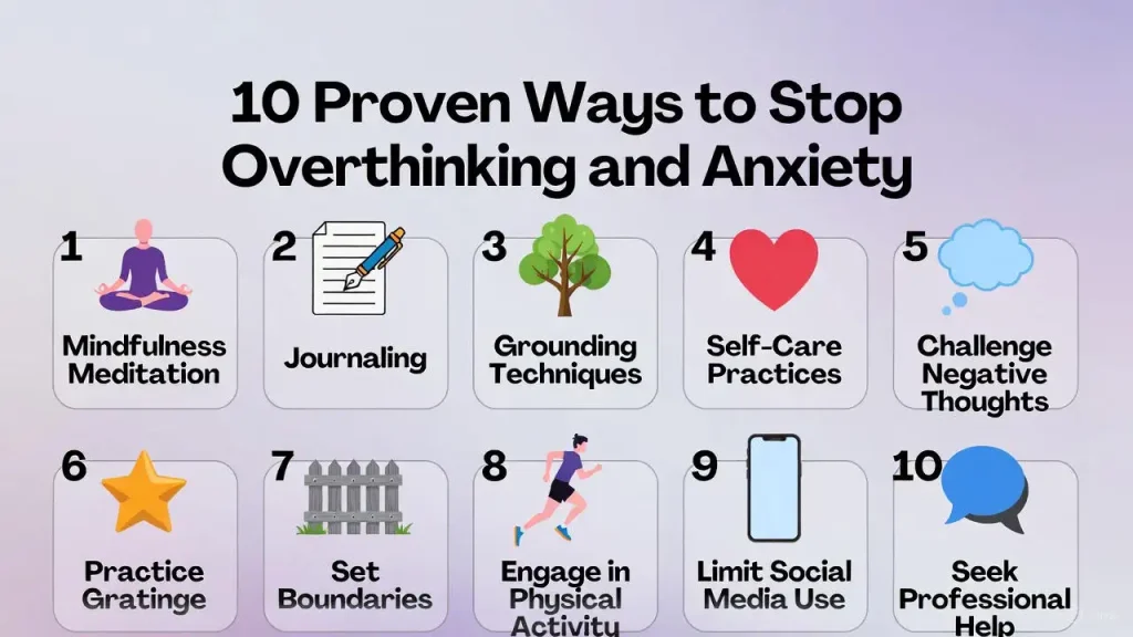 Infographic of 10 ways to stop overthinking and anxiety