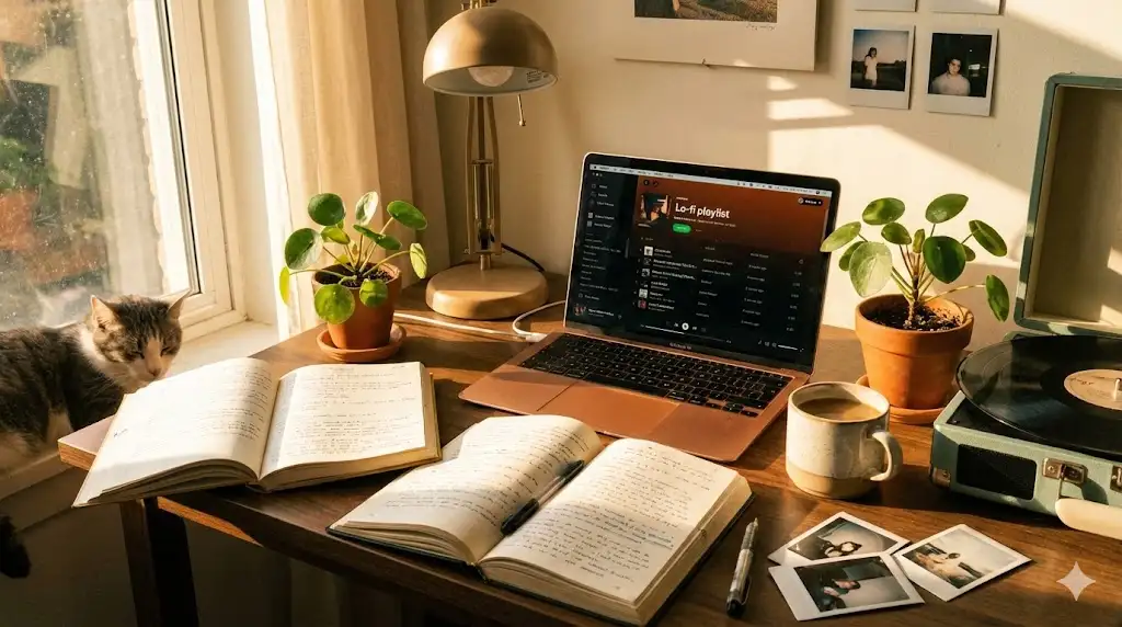 A well-organized study desk with books and coffee helping a student to stay focused while studying.