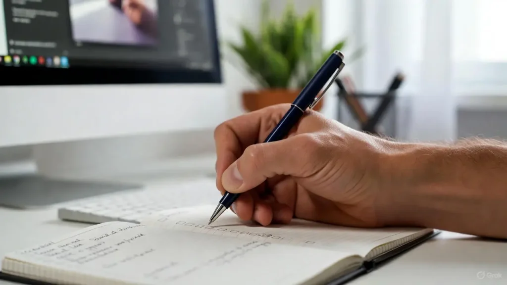 Person writing daily goals in a planner for a productive morning routine