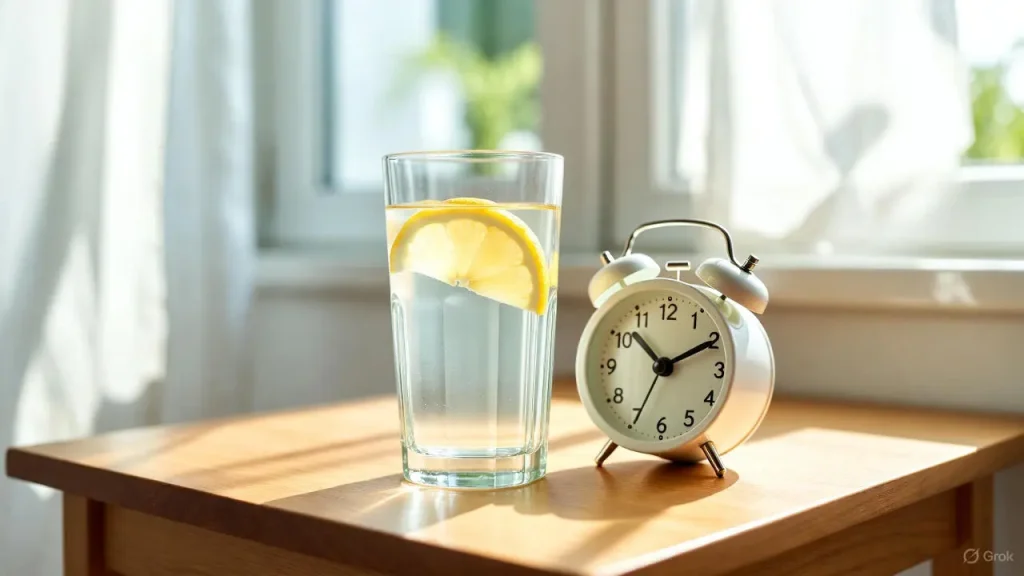 Glass of lemon water and alarm clock as part of a productive morning routine
