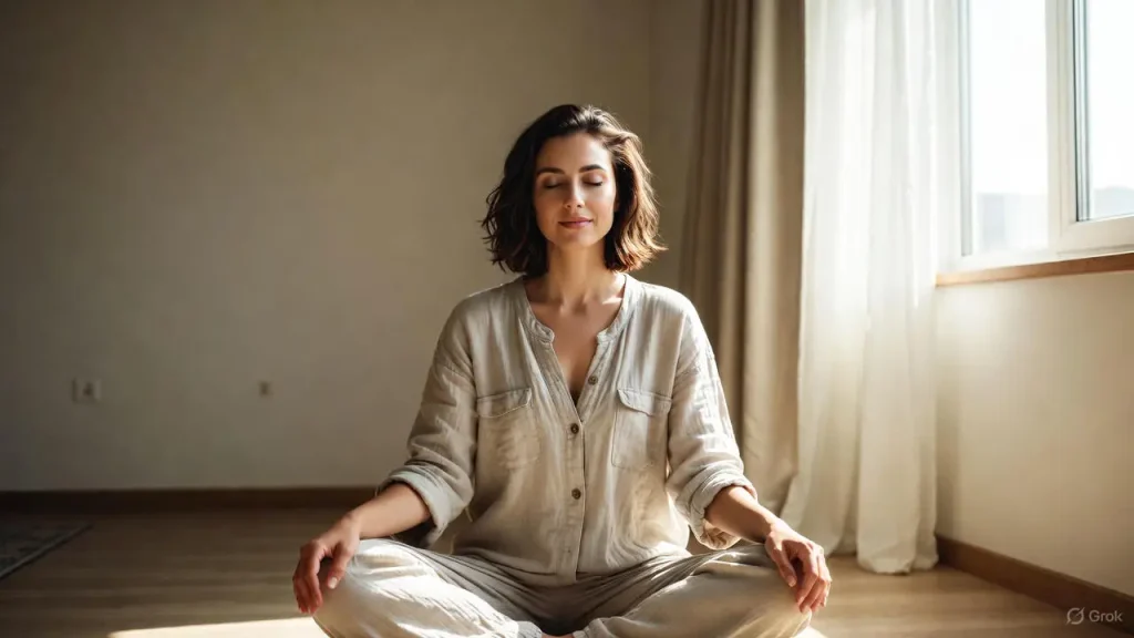 Woman practicing mindfulness meditation for a focused and productive morning routine