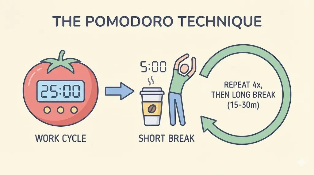 Infographic showing the Pomodoro technique, a proven method to stay focused while studying effectively.