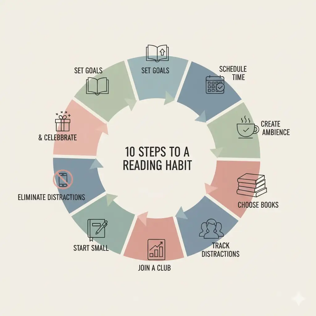 Infographic of 10 steps to build a reading habit