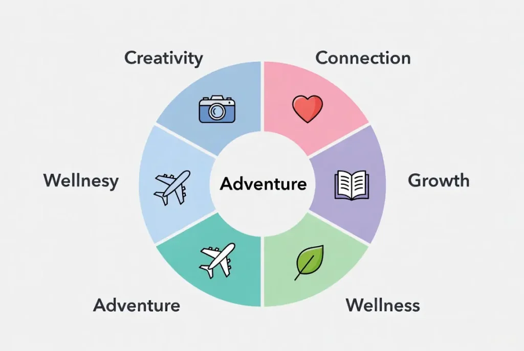 A pie chart infographic showing the 5 pillars of a balanced 2026 bucket list: Adventure, Growth, Wellness, Connection, and Creativity.