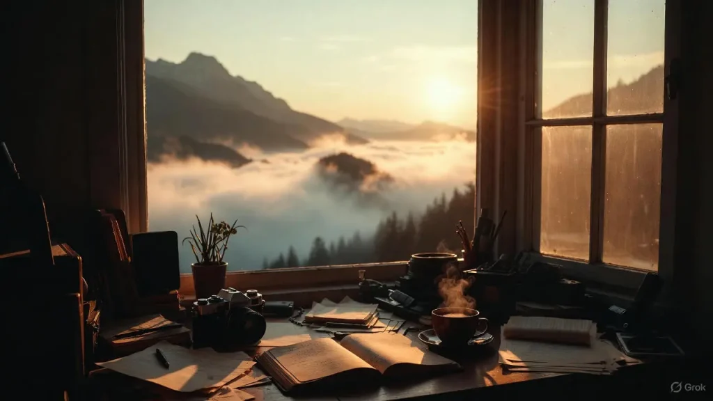 Open journal with 2026 bucket list goals on a desk with a mountain view.