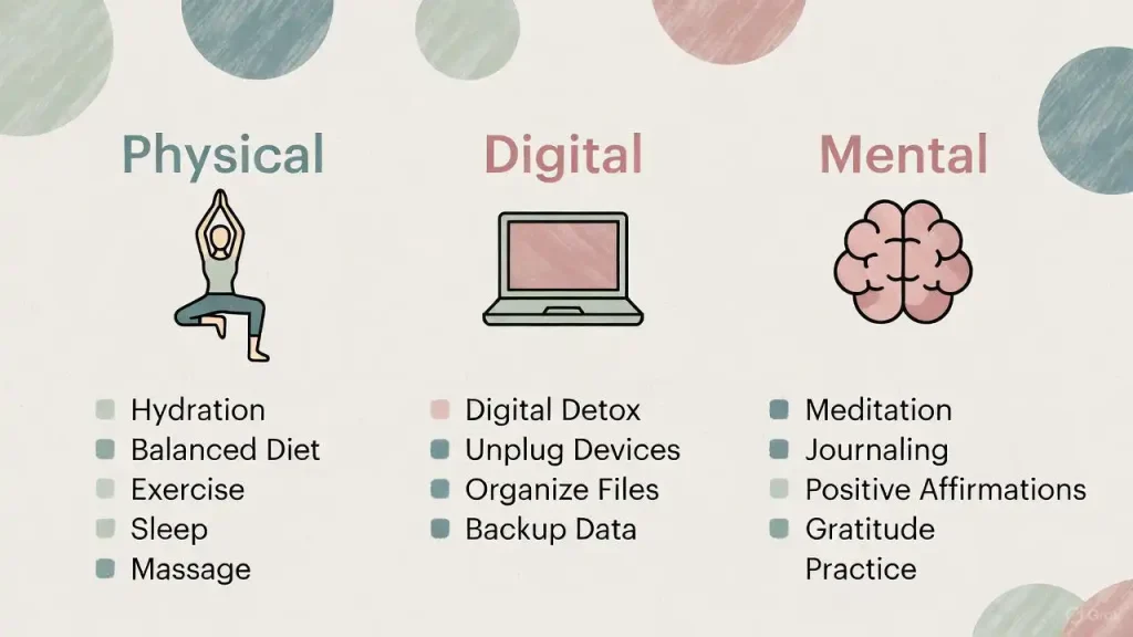 The three pillars of a Sunday Reset Routine: Physical, Digital, and Mental.