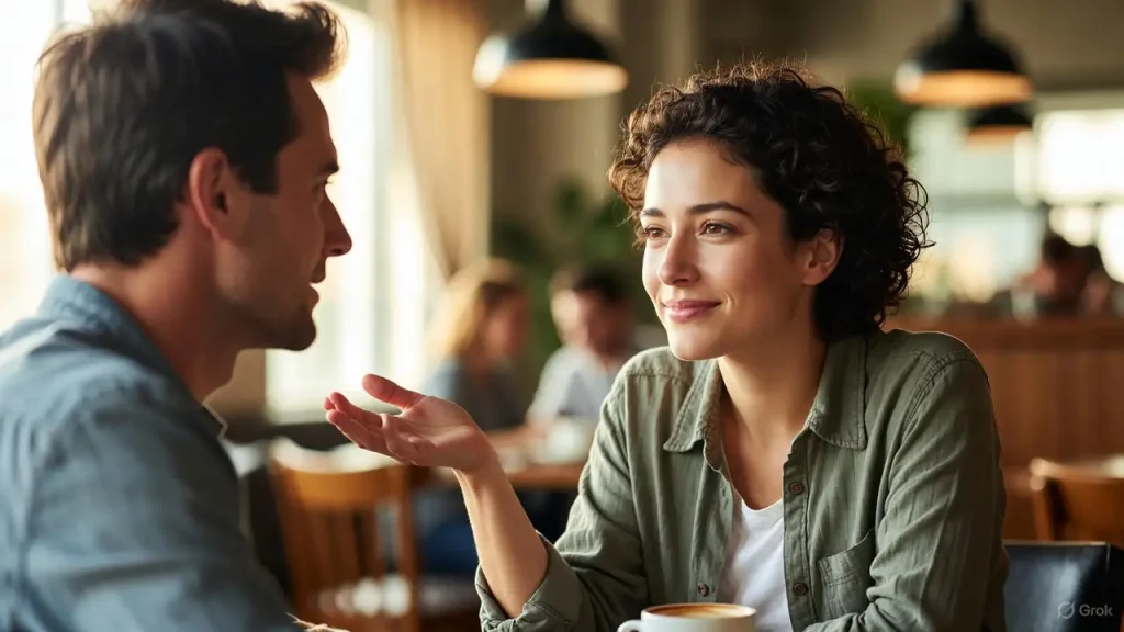 A person assertively communicating their boundary to a friend, showing the confidence required for The Art of Saying No.