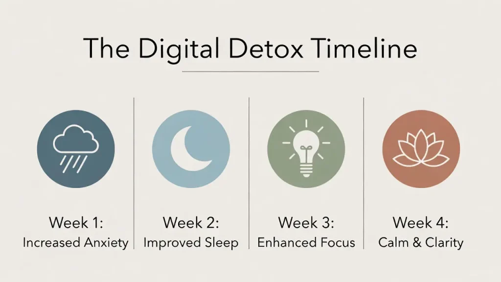 Infographic showing the timeline benefits of digital detox tips on mental clarity.
