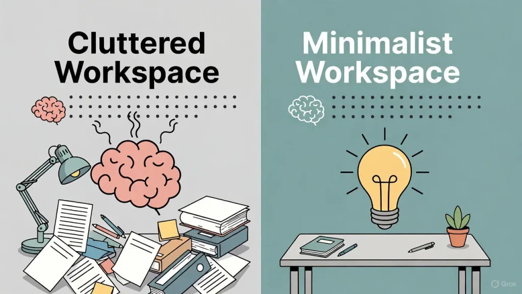 Infographic comparing the effects of a cluttered desk versus a minimalist office setup on cognitive load.