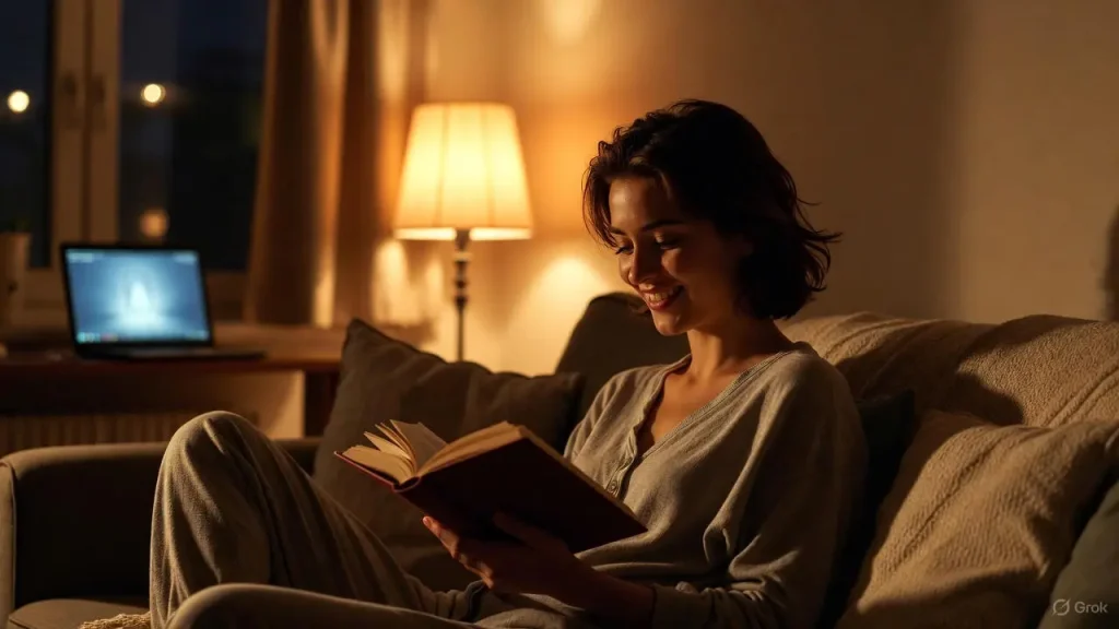 Woman relaxing with a book after finishing her remote work routine.