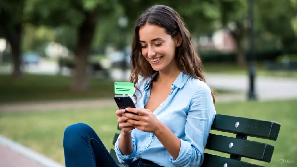 Woman smiling at phone seeing income from side hustle ideas.