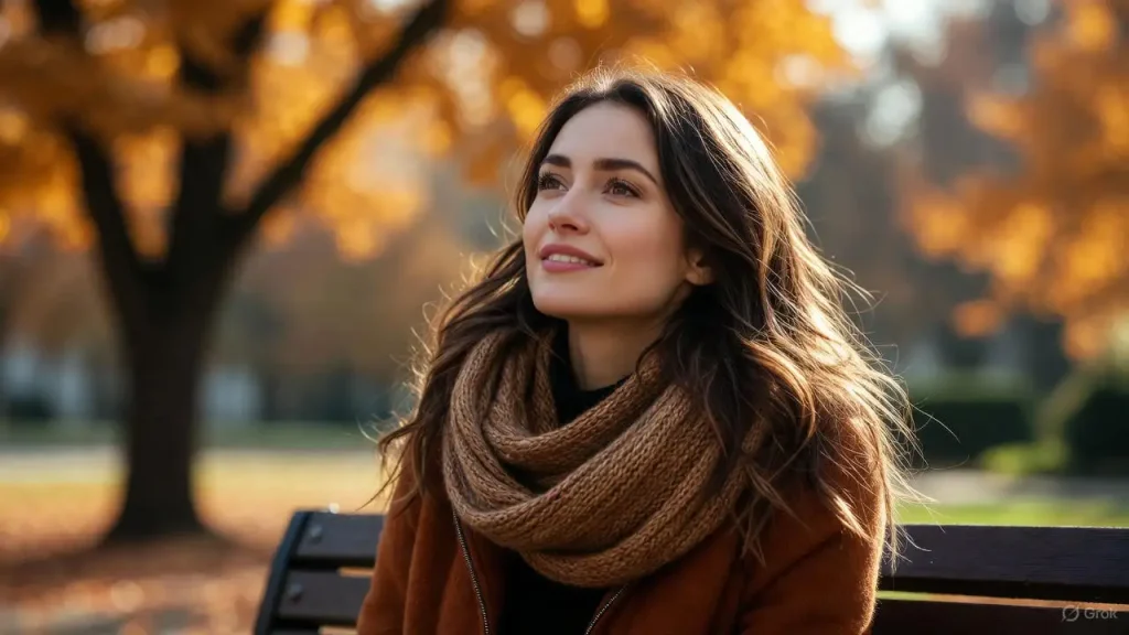 A woman practicing mindfulness and finding small things to be thankful for in nature.