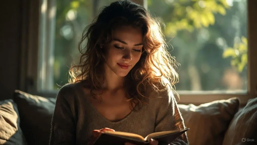 A woman feeling empowered after a financial journaling session.