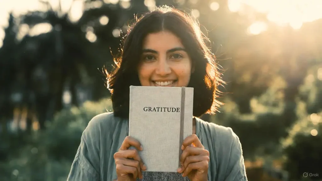 Person smiling with gratitude journal outdoors, symbolizing joy and resilience