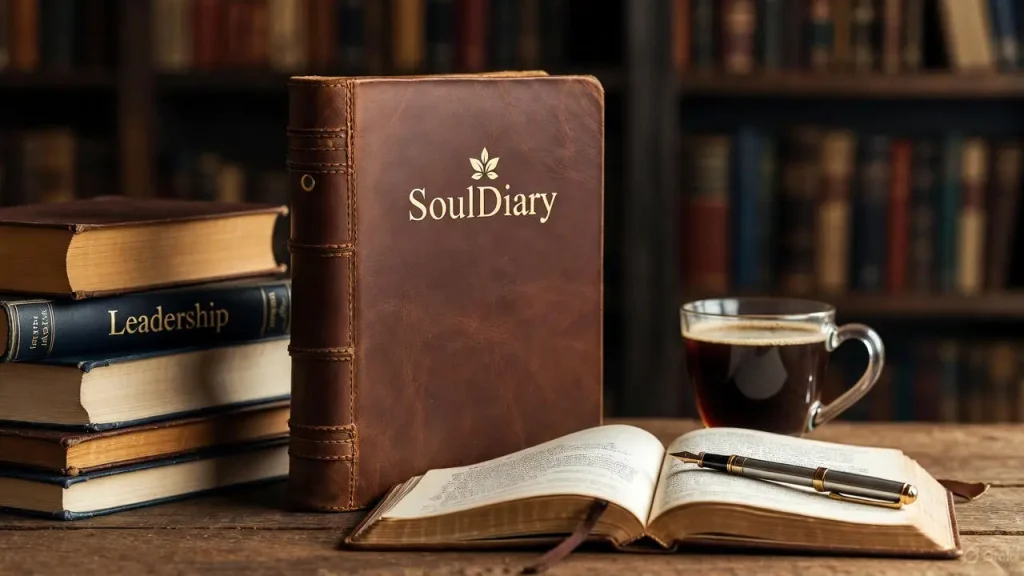 SoulDiary journal open next to the best books on leadership for personal development.