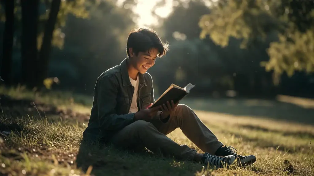 Person enjoying reading outdoors in nature
