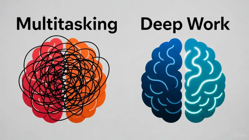 Illustration showing the difference between a multitasking brain and a focused deep work brain.