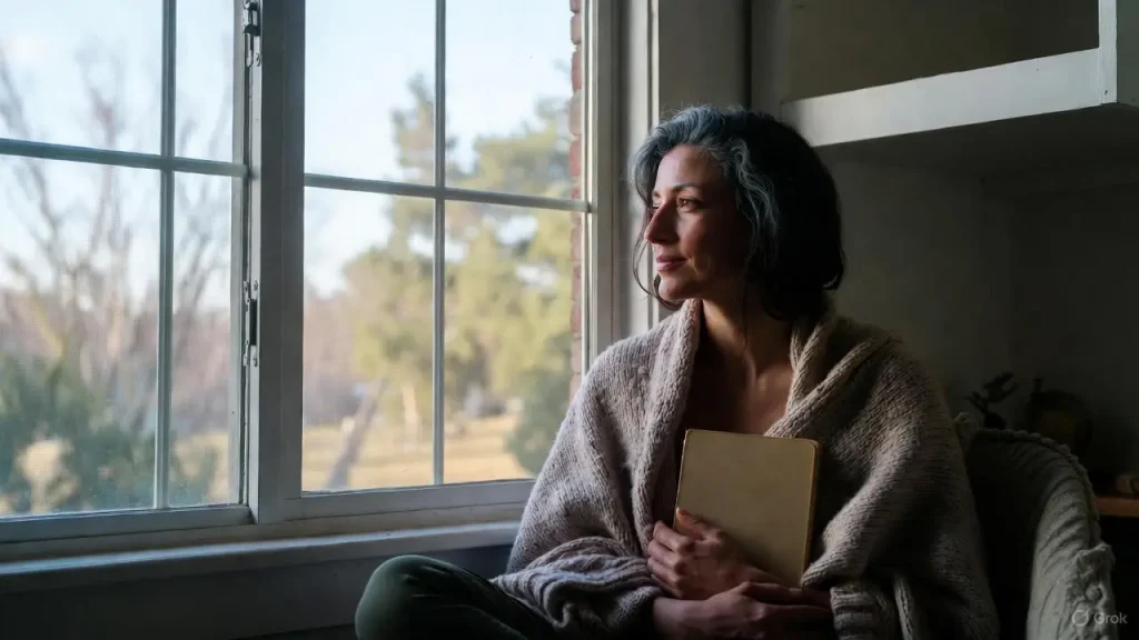 Woman reflecting peacefully on her 2025 year in review.