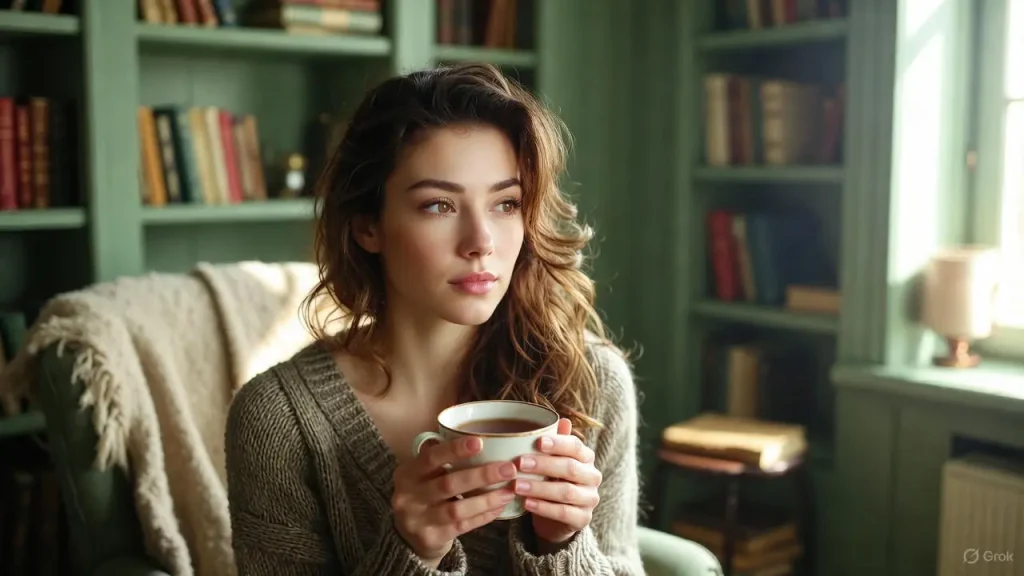 Woman relaxing in a sage green room demonstrating the psychology of color for stress relief.