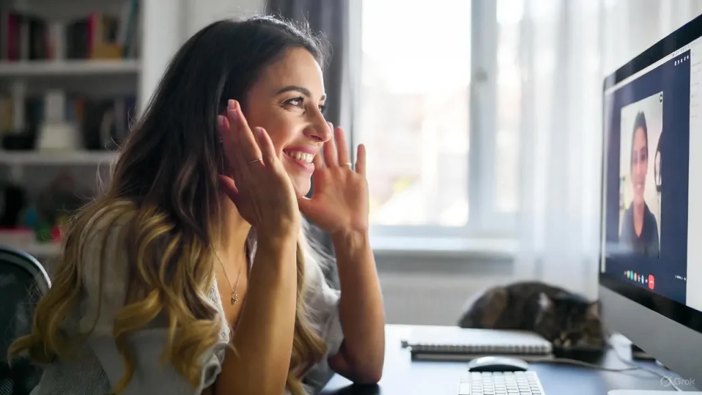 A woman smiling warmly at her laptop screen during a video call, practicing soft skills in demand 2026