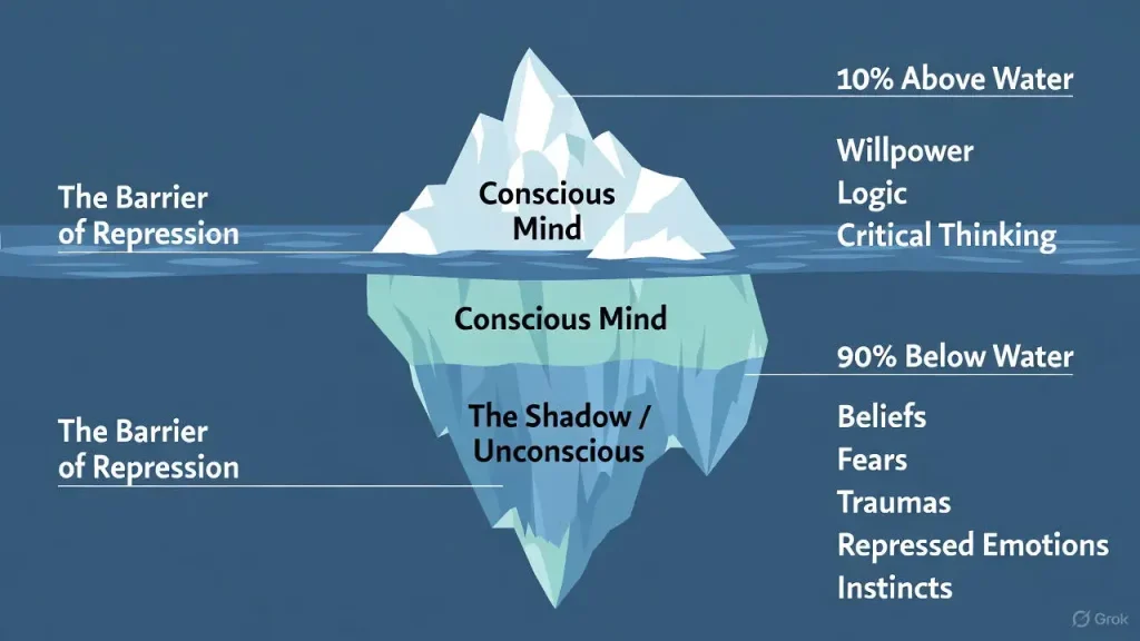 Iceberg diagram explaining the conscious mind vs unconscious shadow.