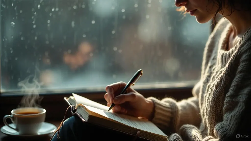 Person journaling for shadow work exercises in a cozy setting.