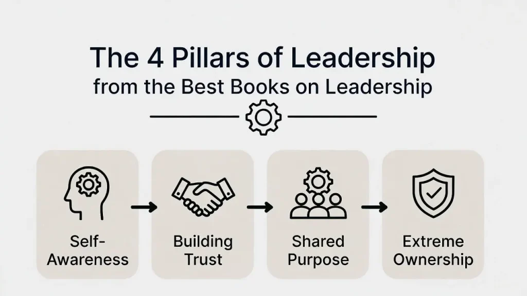 Infographic showing the 4 Pillars of Leadership from the best books on leadership: Self-Awareness, Building Trust, Shared Purpose, Extreme Ownership.