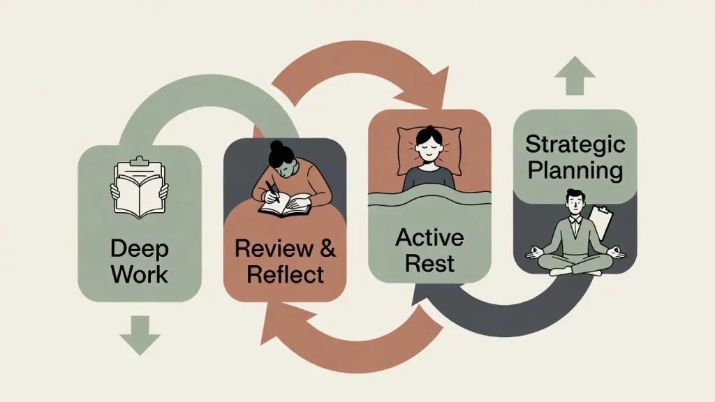 Diagram showing the cycle of sustainable work life balance in a high pressure career.
