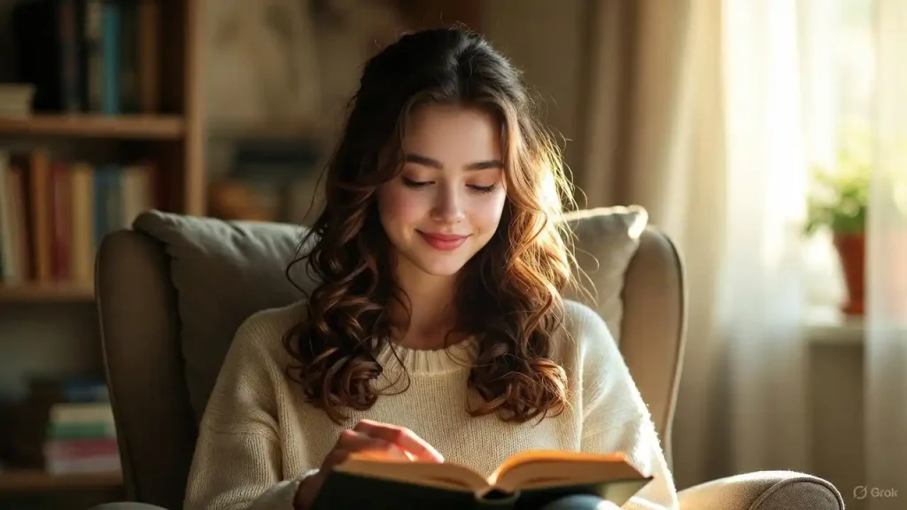 A woman reading a book deeply, enjoying the benefits of single-tasking.
