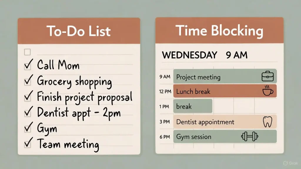 Infographic comparing the structure of Time Blocking vs To Do Lists.