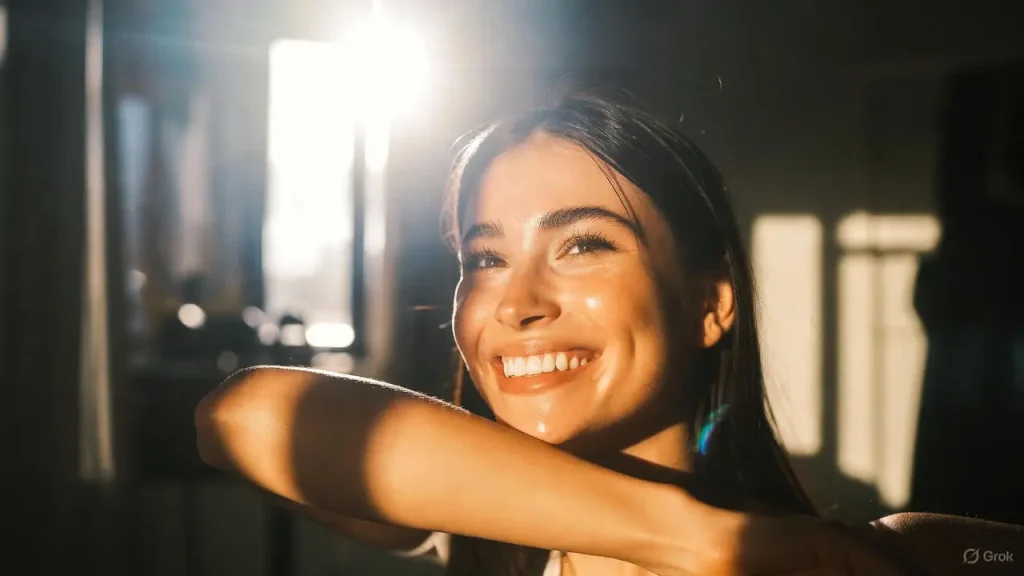 Woman waking up refreshed after using apps to help sleep.