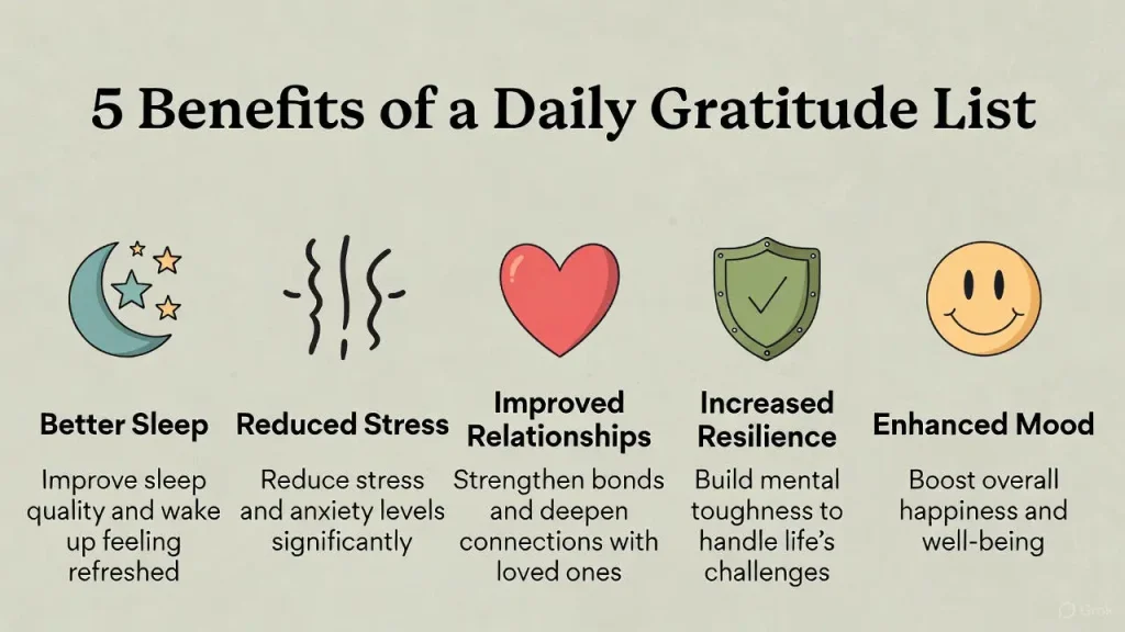 Infographic showing the benefits of a gratitude list.