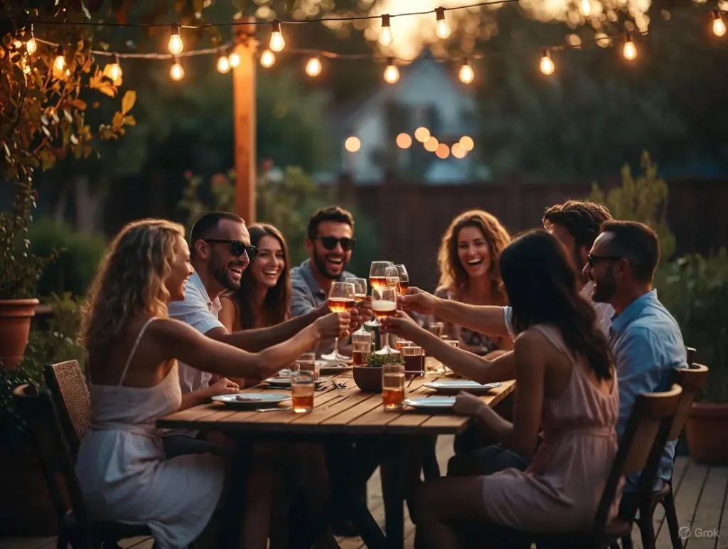 A group of diverse friends laughing and toasting at a dinner party, celebrating a completed 2026 bucket list item.