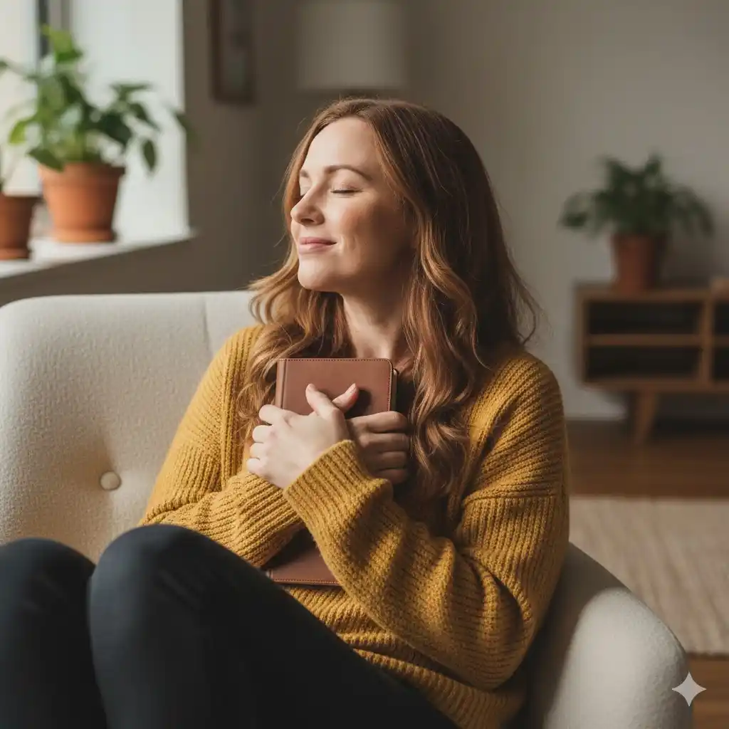 Woman feeling peaceful and relieved after using shadow work questions and journaling for healing.