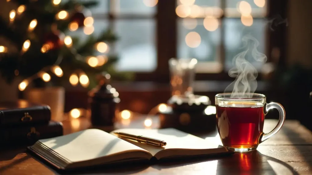 Open journal for 2025 year in review with coffee and warm lighting.