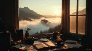 Open journal with 2026 bucket list goals on a desk with a mountain view.