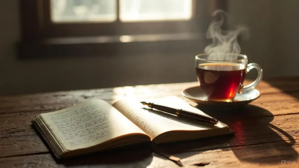 Open notebook for 30 Day Journaling Challenge with coffee on a wooden table.