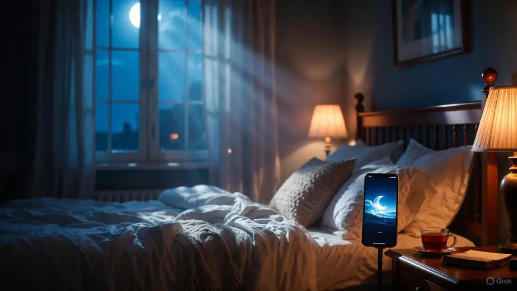 Smartphone apps to help you sleep app on nightstand in a cozy bedroom.
