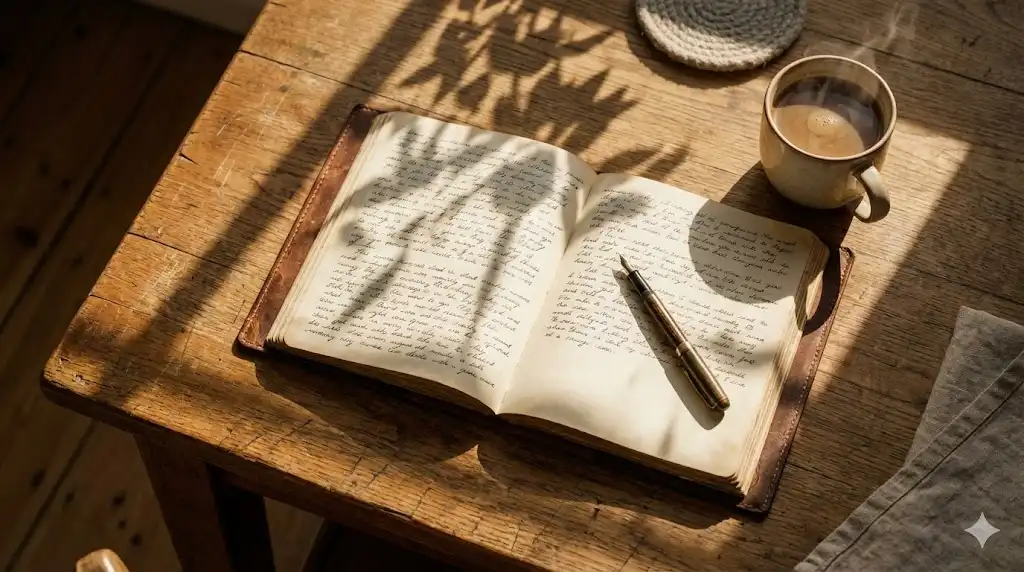 Open notebook with pen and coffee, setting the scene for 50 Deep Journaling Prompts for Self-Discovery.