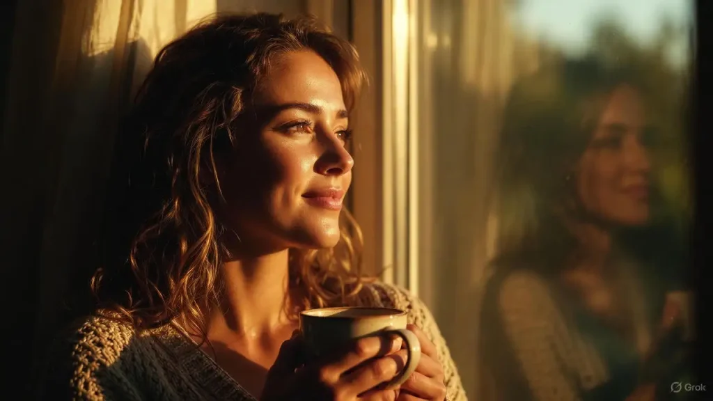 A woman sitting peacefully by a window with tea, successfully mastering The Art of Saying No and finding mental peace.