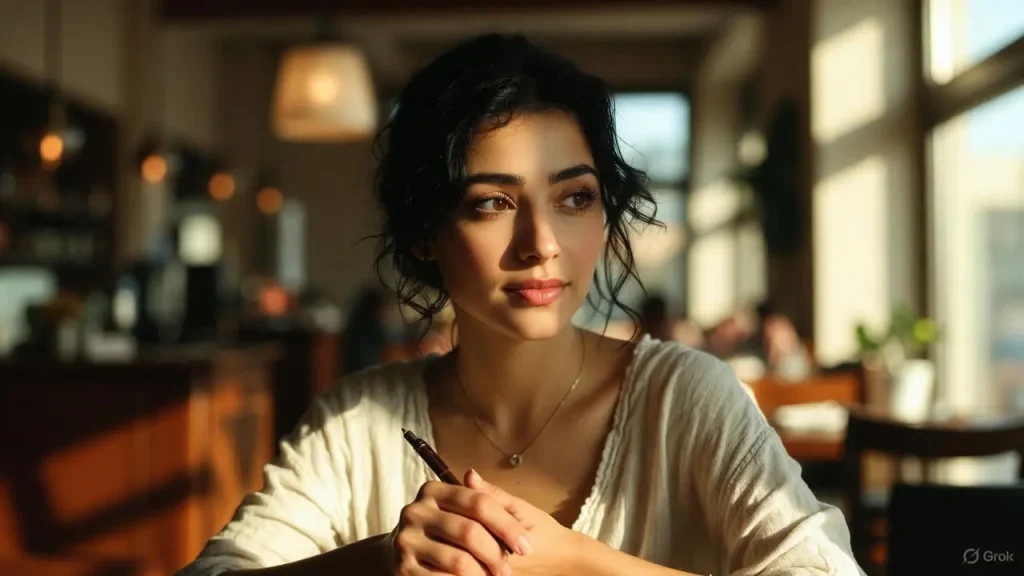 A woman journaling in a cafe as a first step to unlocking your potential.