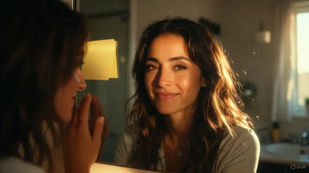 Woman practicing positive affirmations for confidence using a sticky note on a mirror.