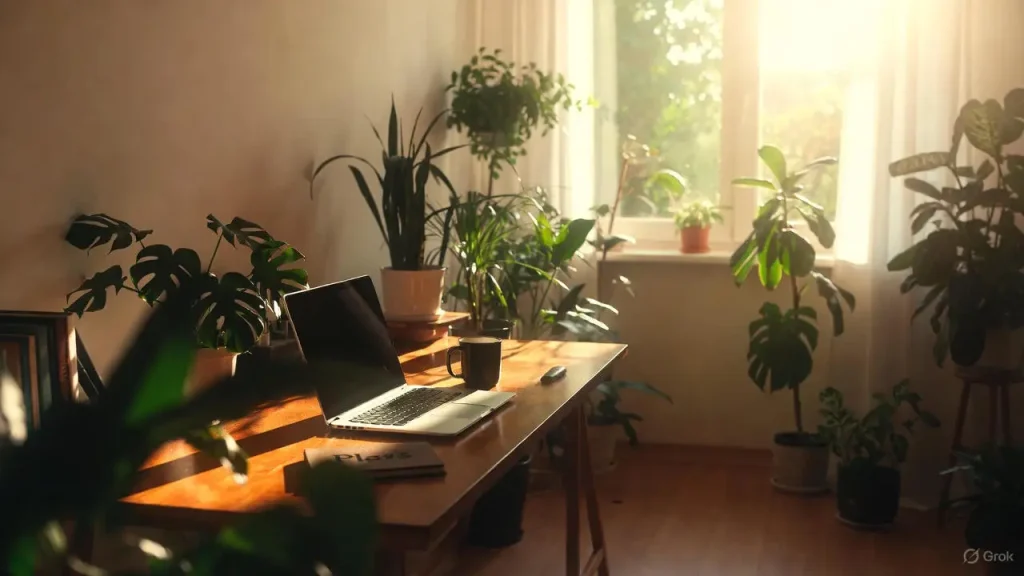 Cozy home office setup for starting side hustle ideas while working full-time.