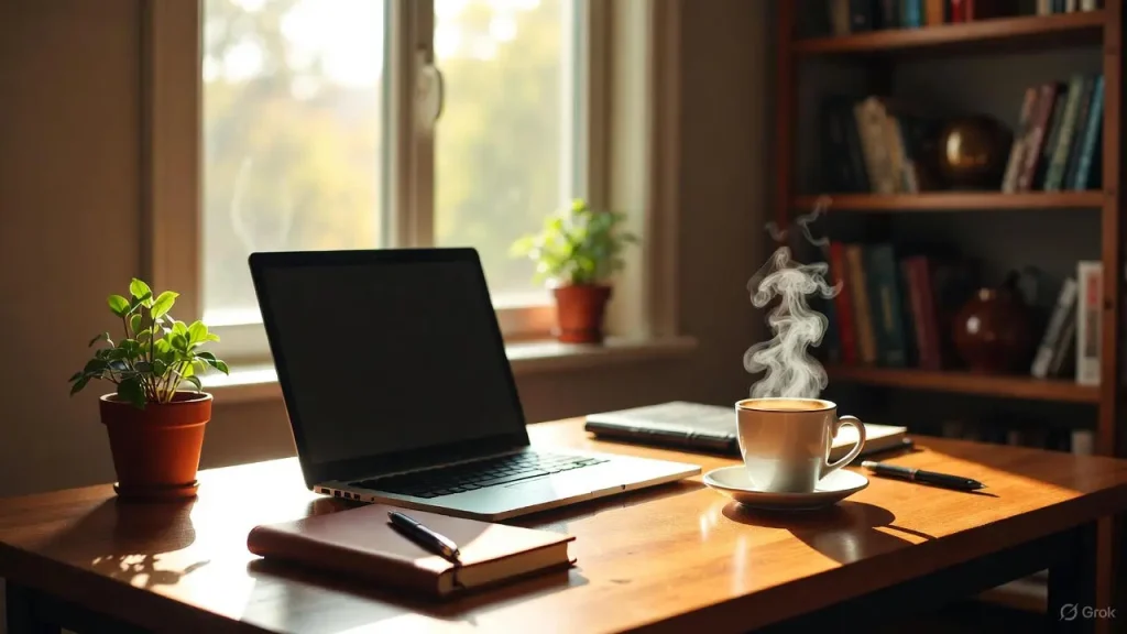Cozy home office setup with laptop and coffee for a productive remote work routine.