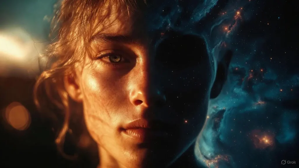 Shadow Work for Beginners concept art showing light and dark sides of the face.