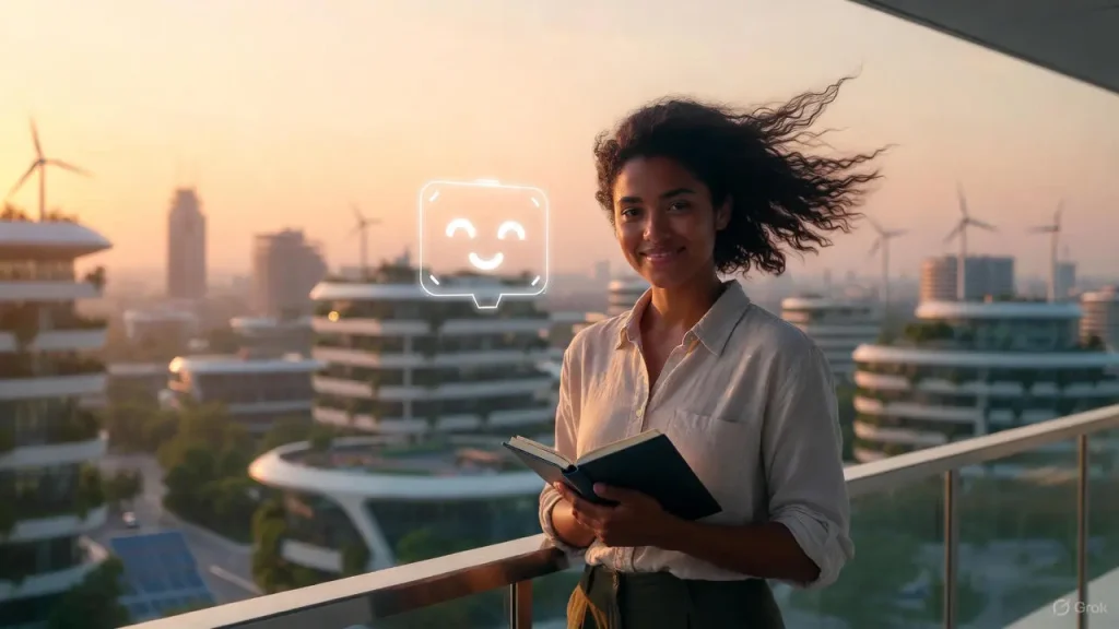 A person standing confidently in a futuristic, warm environment symbolizing soft skills in demand 2026