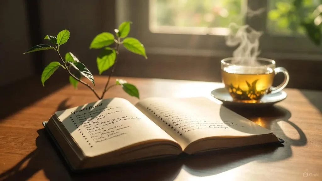 A gratitude list journal on a sunlit table with tea.