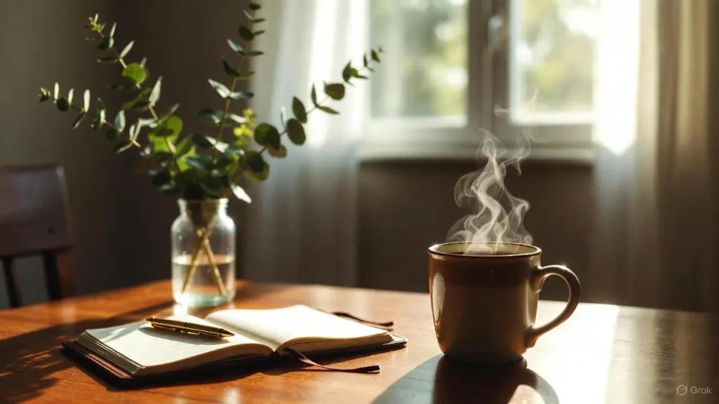 Sunday Reset Routine planning with coffee and journal on a desk.