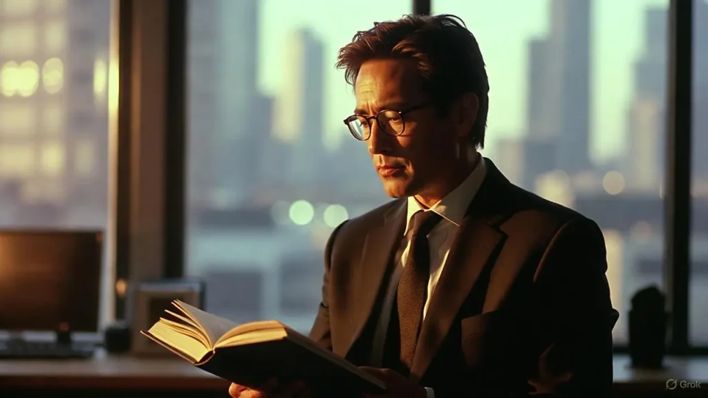 Manager reading the best books on leadership in a sunlit modern office.